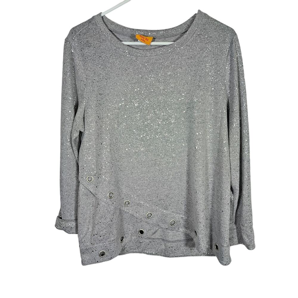 Ruby Rd. Women's Petite Jewel-Neck Foil Gray Hatchi Pullover with‎ Grommets PL